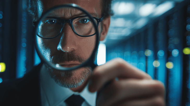 man kijkt door vergrootglas