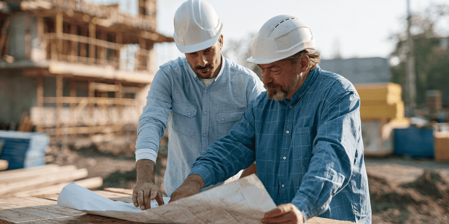 Bouwplaats manager en medewerker bekijken bouwplannen bij bouwproject Bouwplaats manager en medewerker bekijken bouwproject