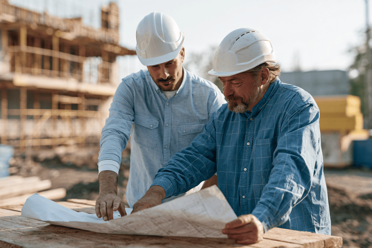 Bouwplaats manager en medewerker bekijken bouwproject